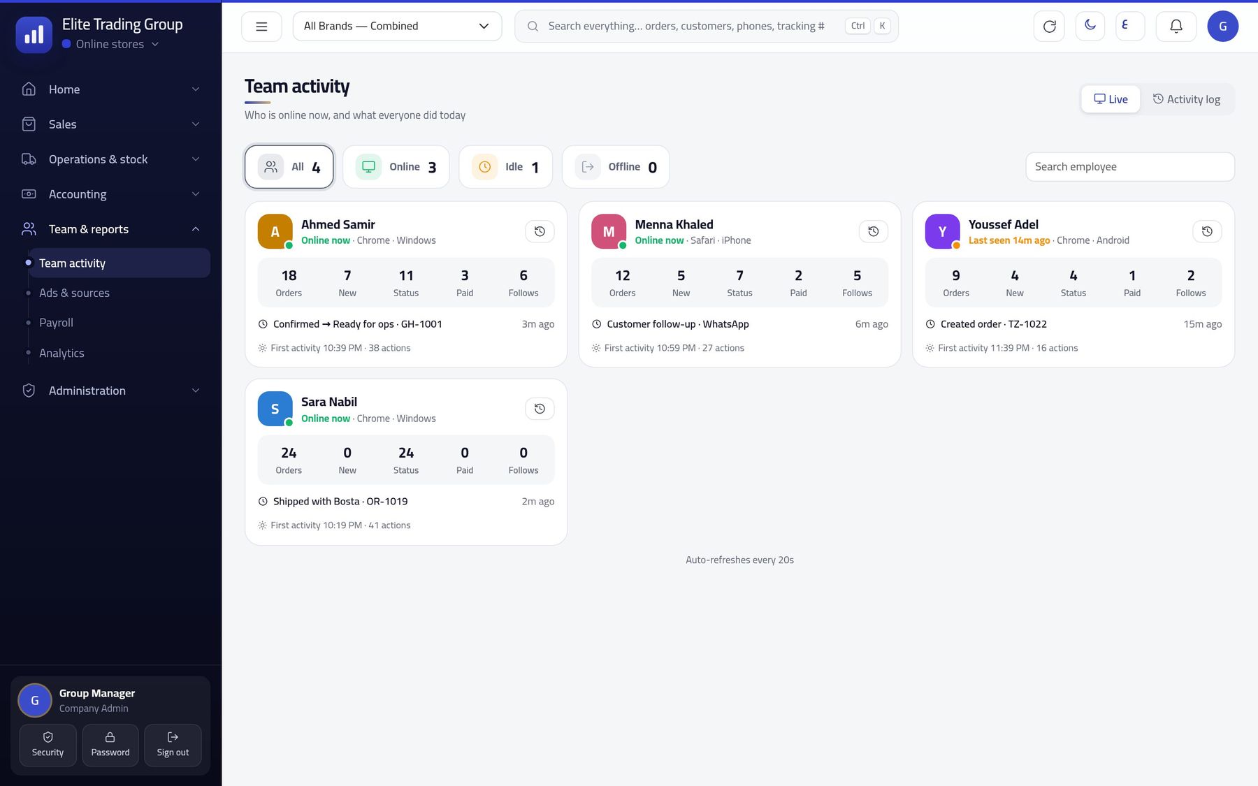 Live team activity